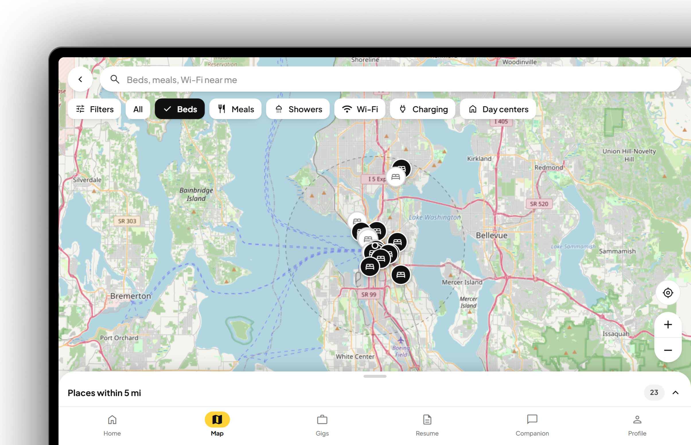 Northstar map of nearby places